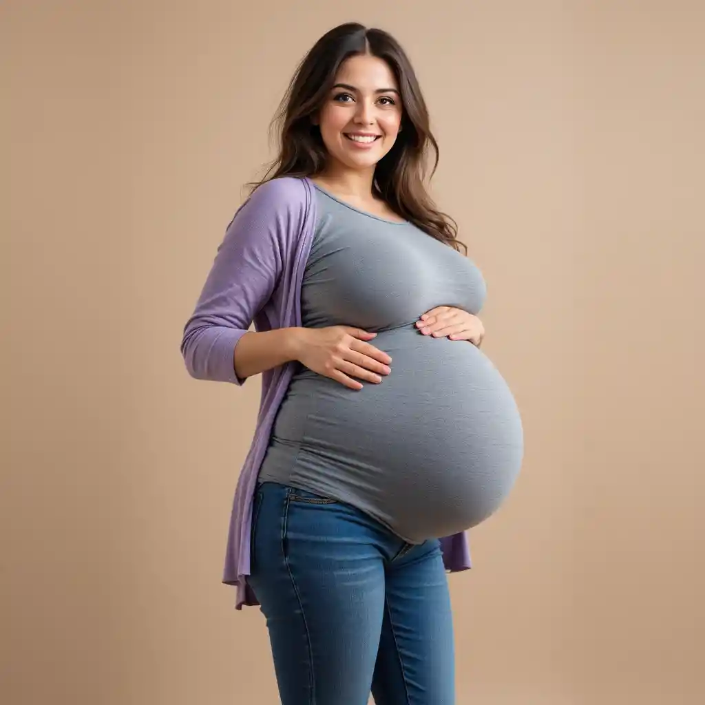 Donna incinta sorridente con cardigan e mano sul pancione