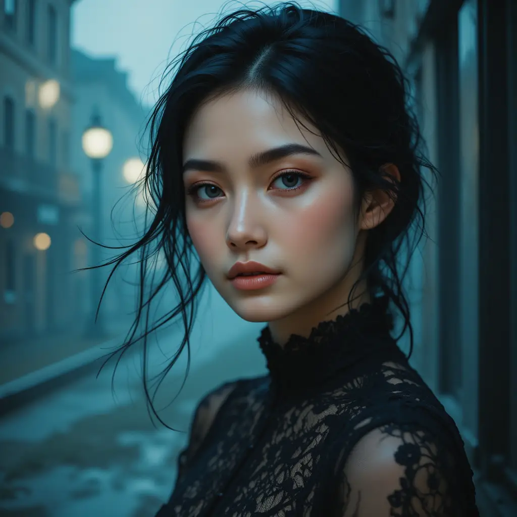 Retrato de moda sombrío de una mujer con encaje negro