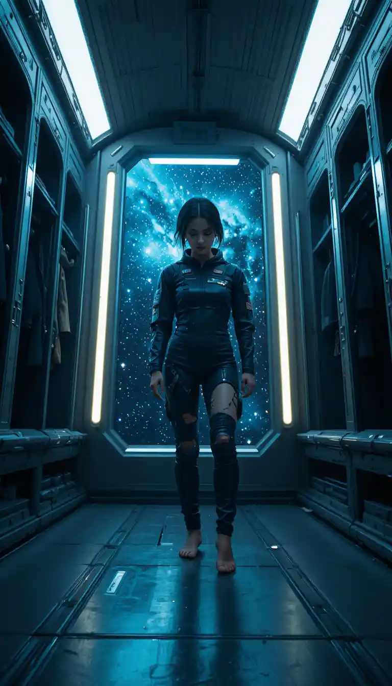 Young space pilot inspecting torn suit in locker room