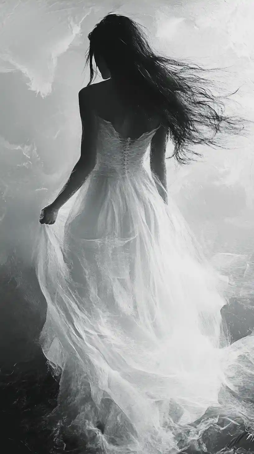 Ethereal woman in flowing white gown in misty monochrome landscape