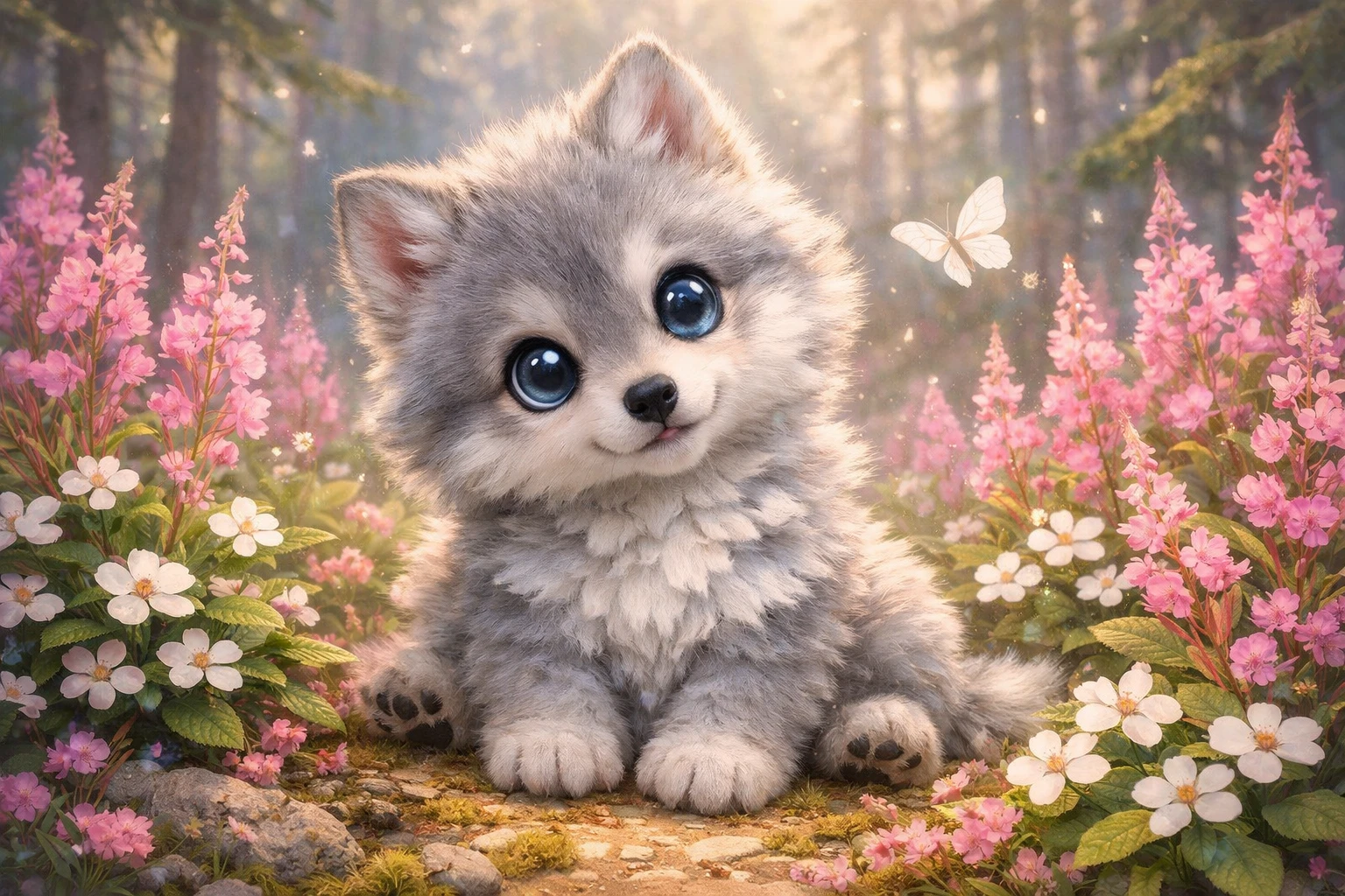 Cute baby wolf watching a moth in forest clearing