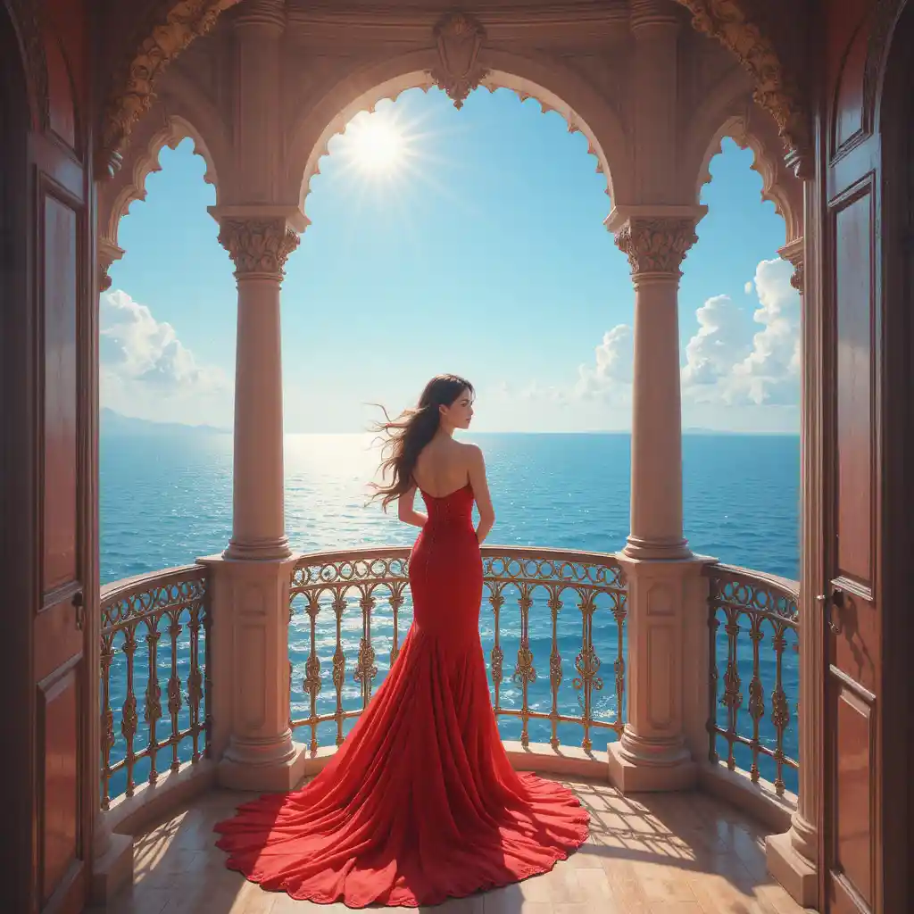 Elegante Frau im roten Abendkleid auf Meeresbalkon