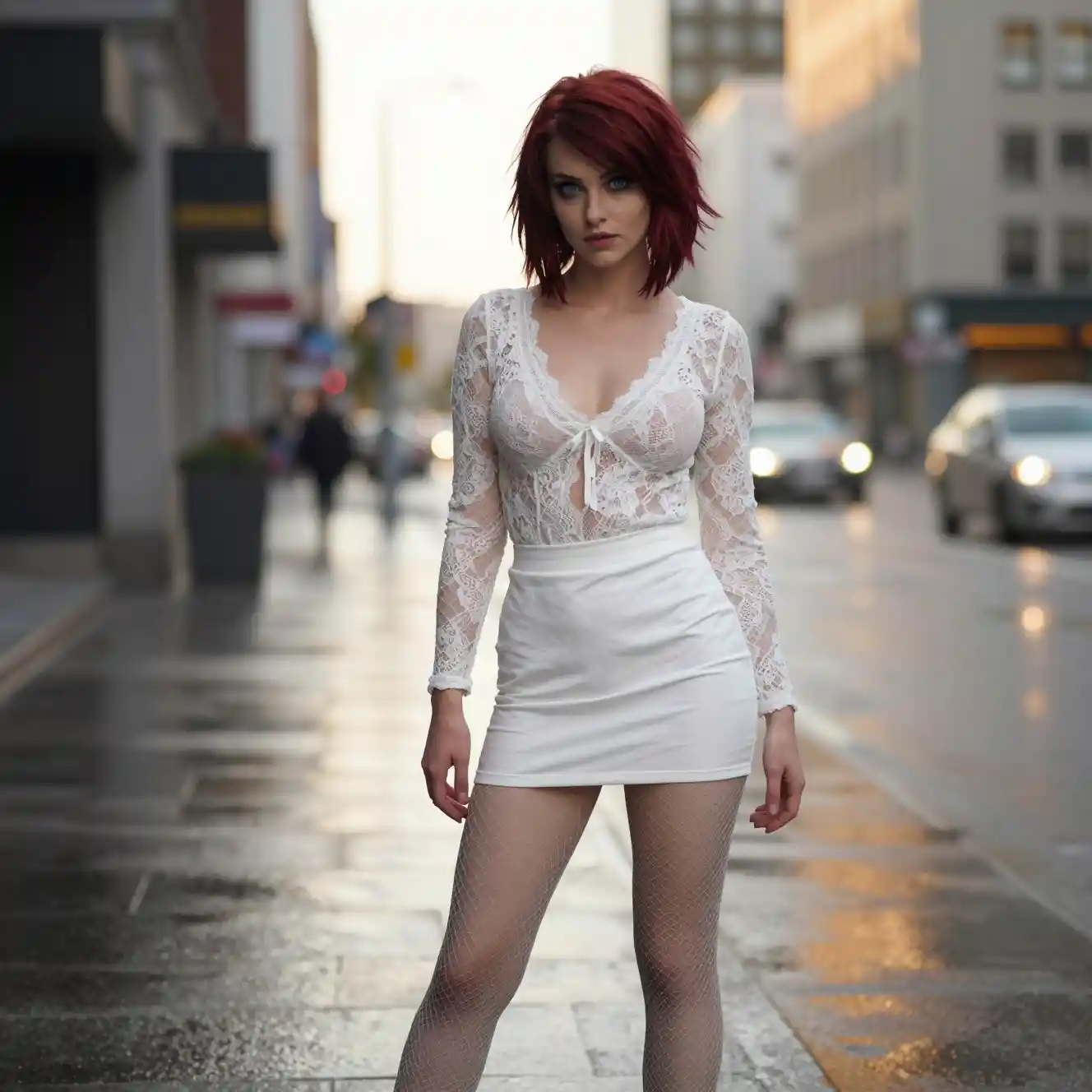Urban woman in white mini skirt at golden hour