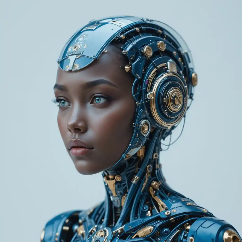 Androide femminile futuristica con casco cibernetico blu trasparente