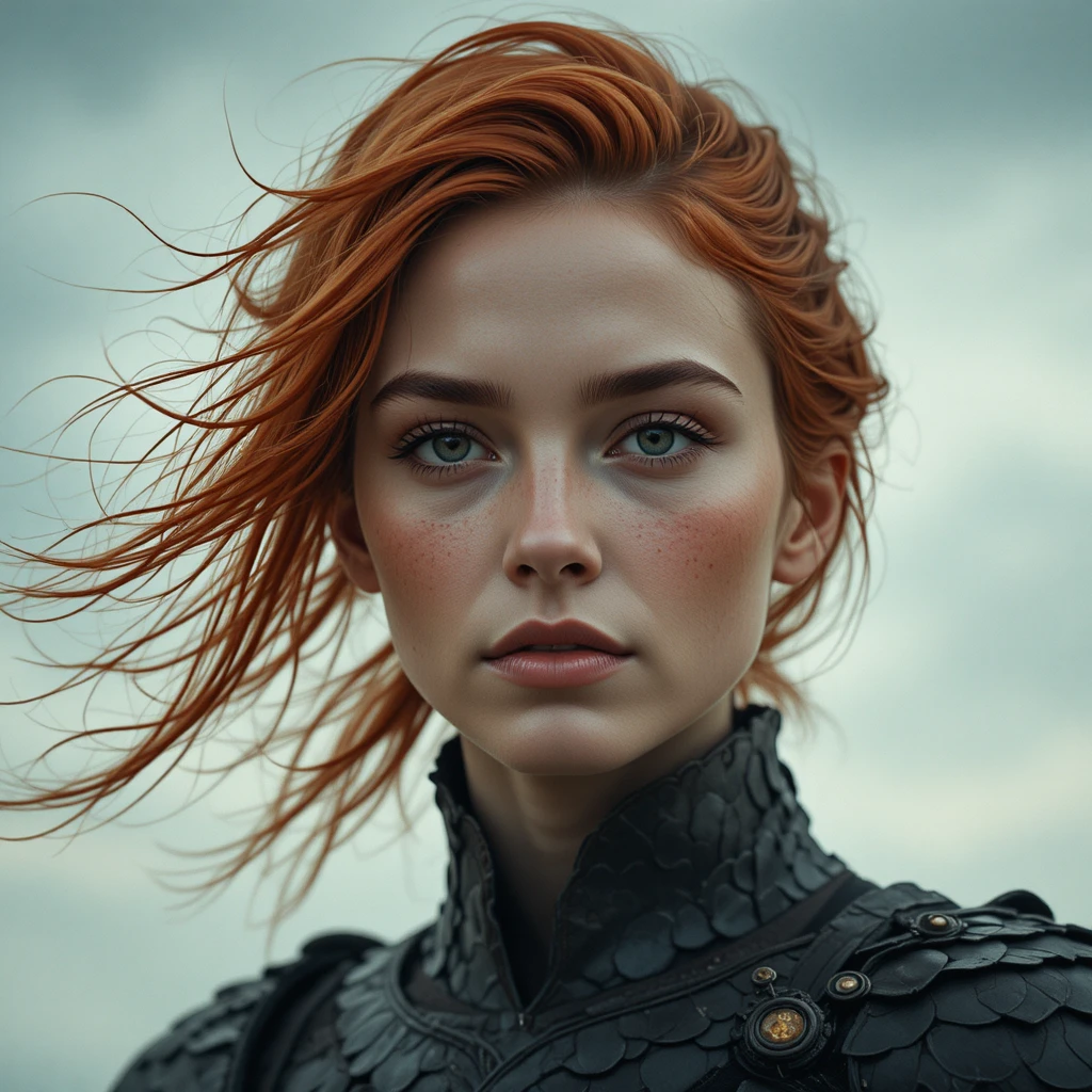 Guerriera fantasy dai capelli ramati in ritratto ravvicinato