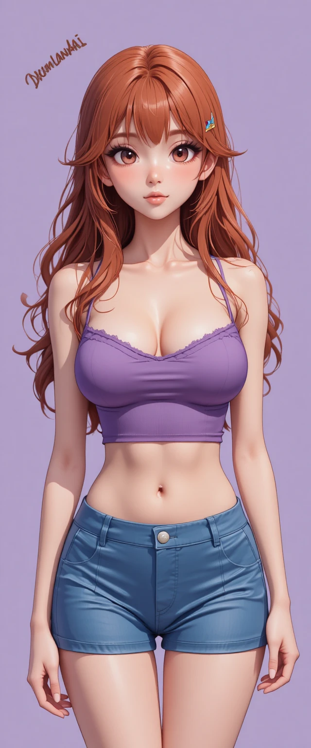 Anime girl with auburn hair in purple top and blue skirt