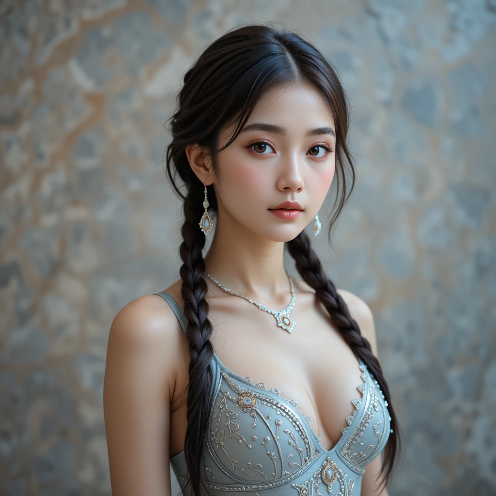 Retrato de joven mujer con sujetador azul ornamentado en luz suave