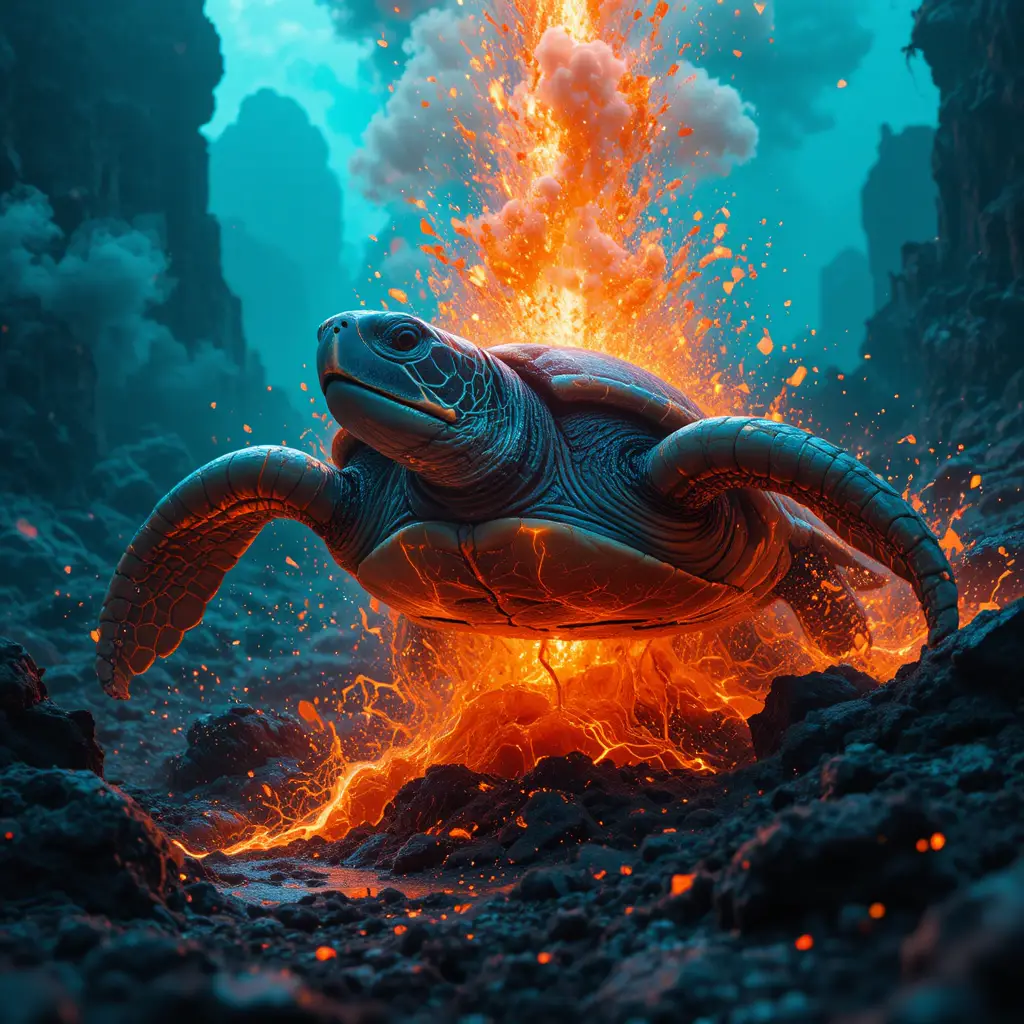 Tartaruga-marinha colossal em meio à lava em erupção em movimento flamejante