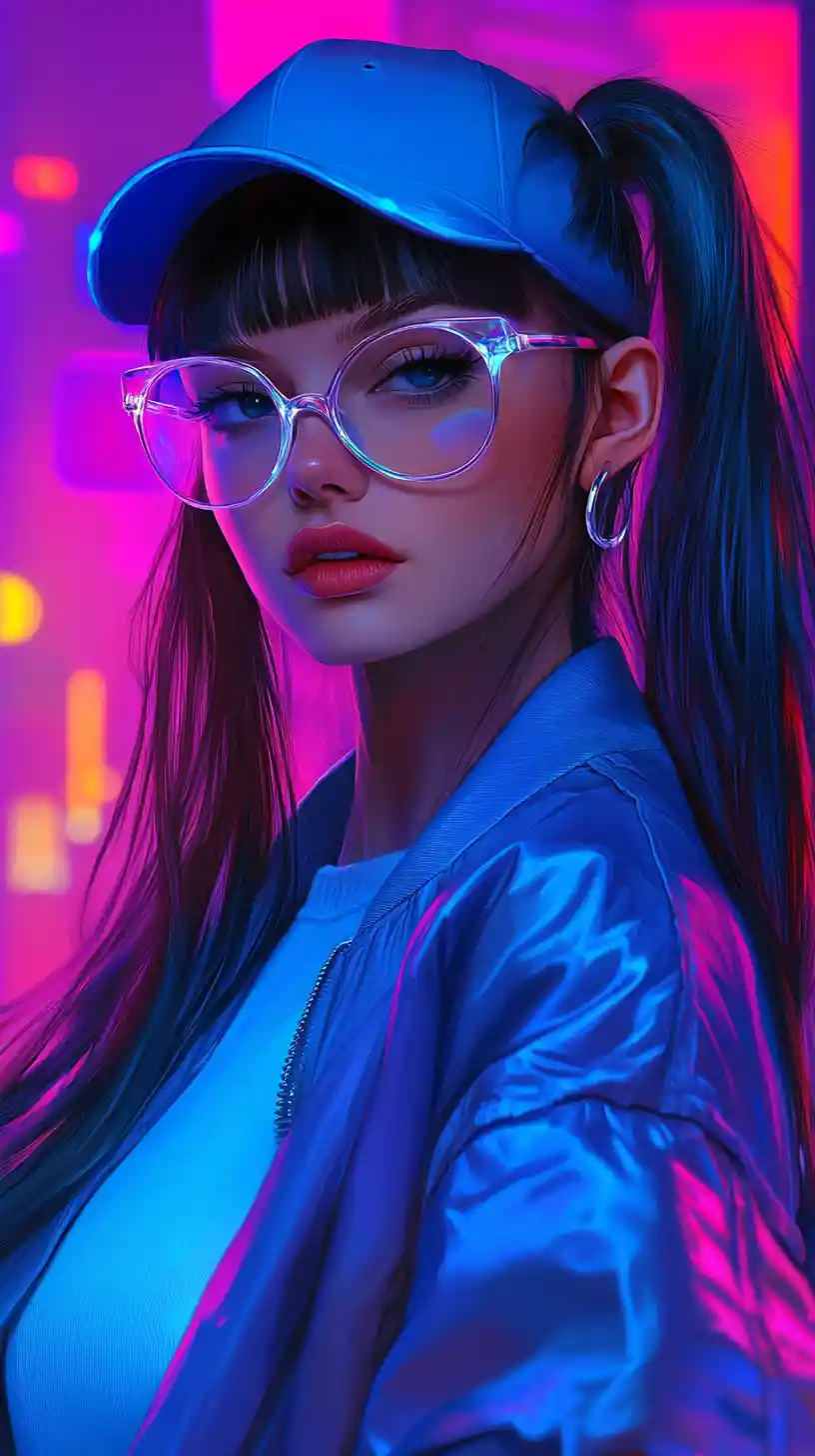 Ragazza energica in un ritratto di città digitale blu neon