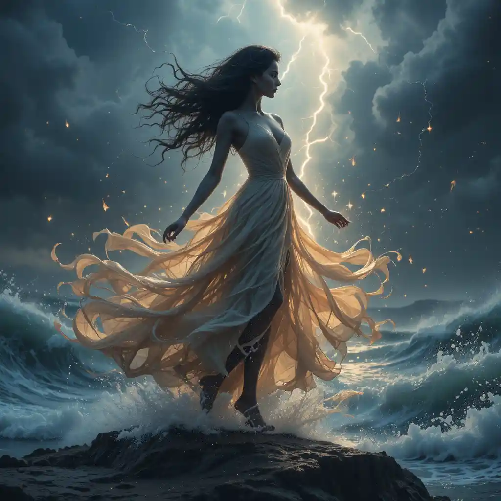 Donna che danza sul bordo di un oceano in tempesta