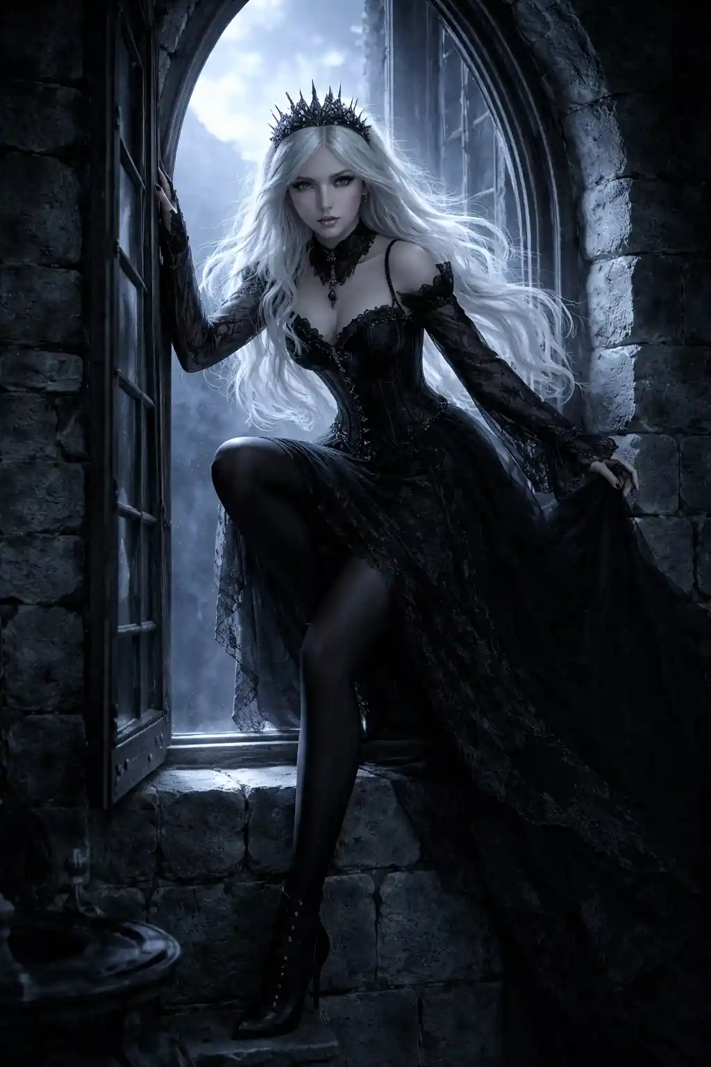 Gothic princess climbing through a moonlit castle window