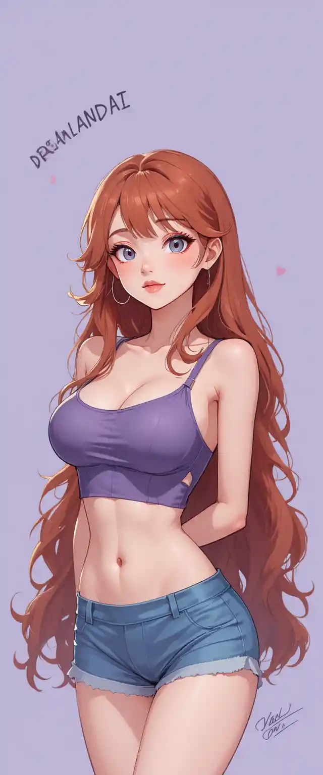 보라색과 파란색 옷을 입은 붉은 갈색 머리의 귀여운 애니메이션 소녀