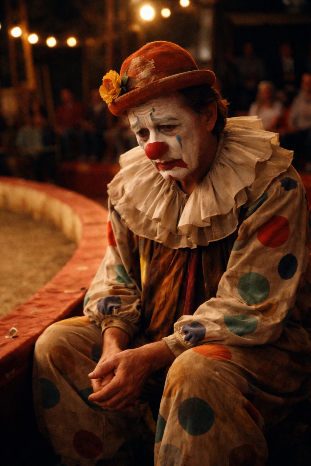 Sad clown resting by the edge of a quiet circus ring