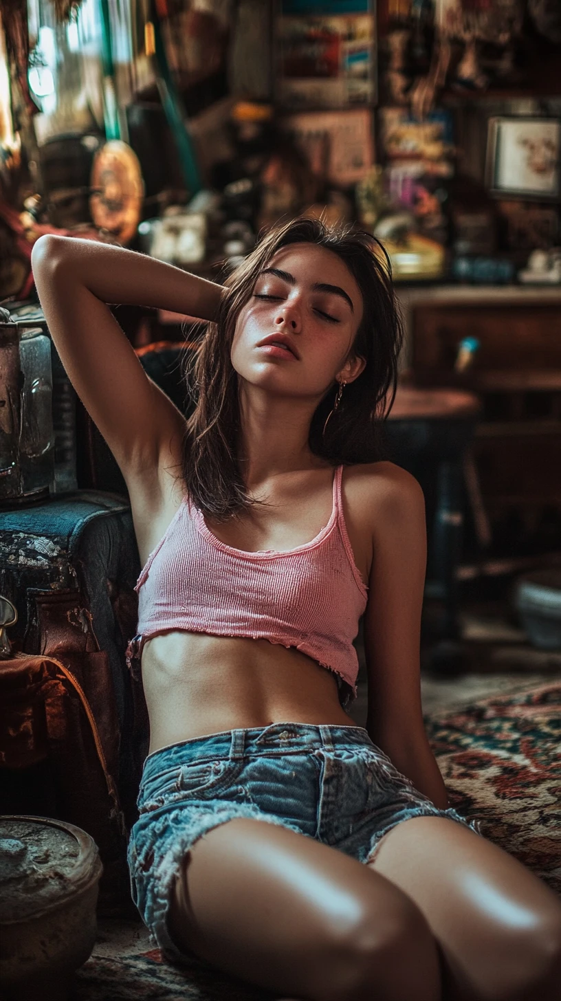 Young Woman Reclining In A Dim Basement With Vintage Items