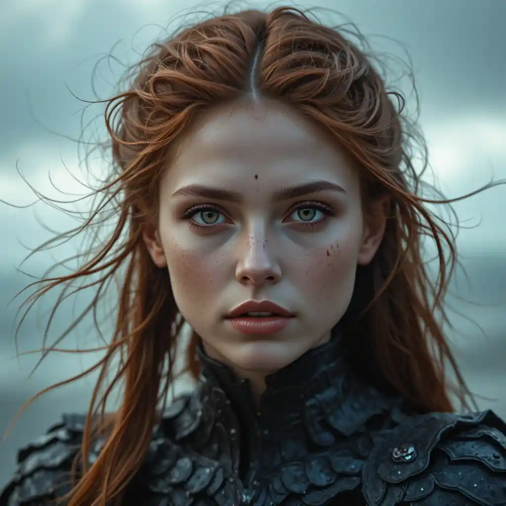Portrait rapproché d’une jeune femme aux cheveux auburn en dark fantasy
