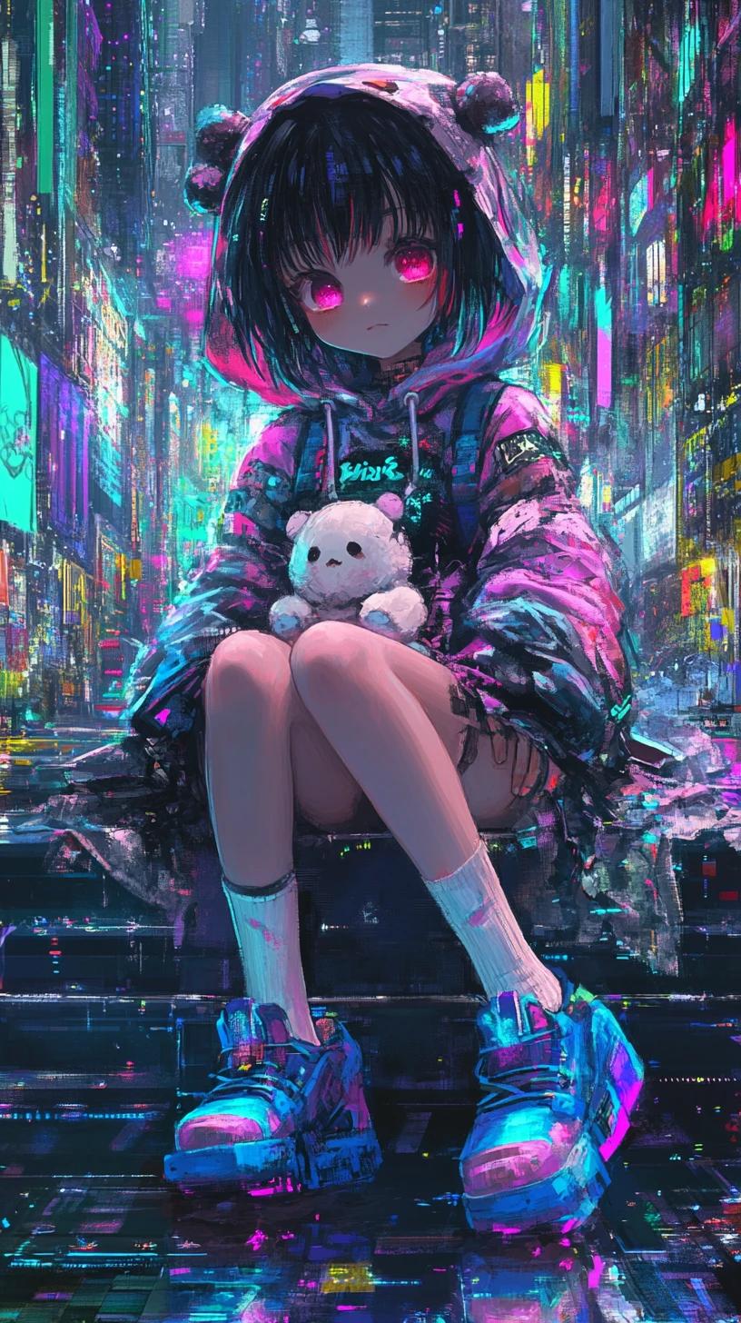 Chibi-Anime-Mädchen in einer Neon-Glitch-Cyberpunk-Stadtszenerie