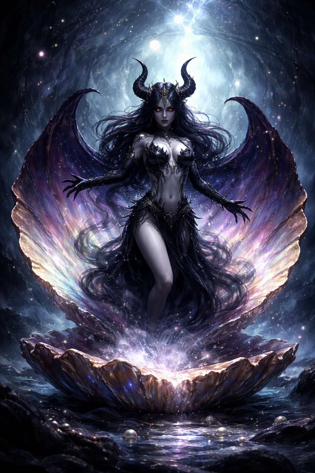 Mystical demon woman rising from an iridescent scallop shell