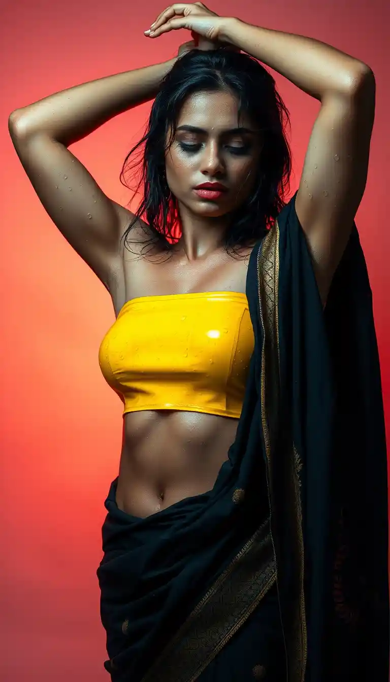 Elegant woman in wet yellow crop top and black sari