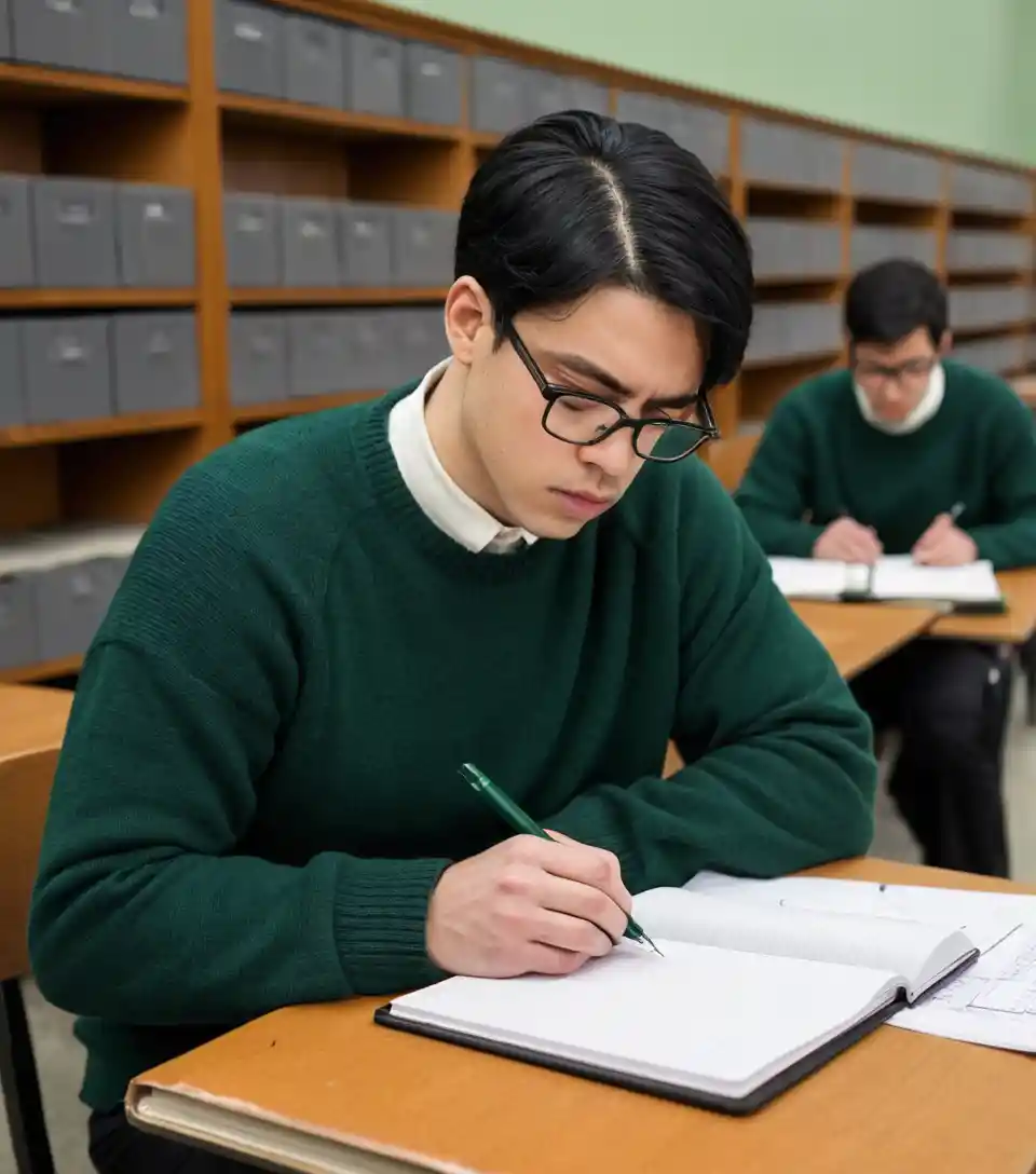 Serious young analyst studying documents in an abandoned library