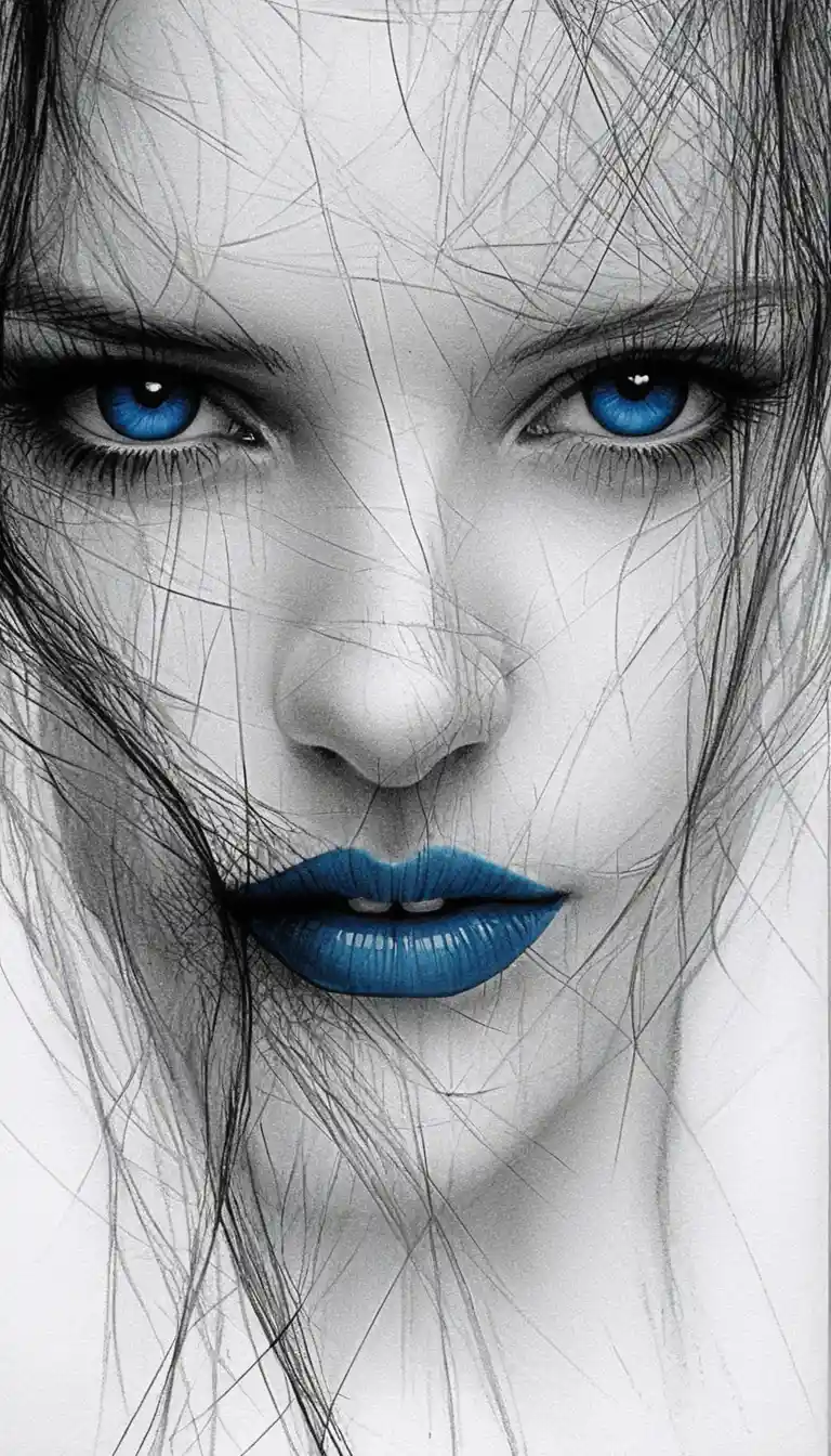 Extreme close up pencil portrait of woman with vivid color