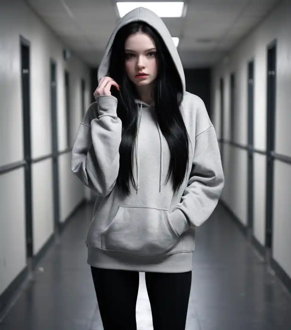 Teen girl on alert in a dim cinematic corridor