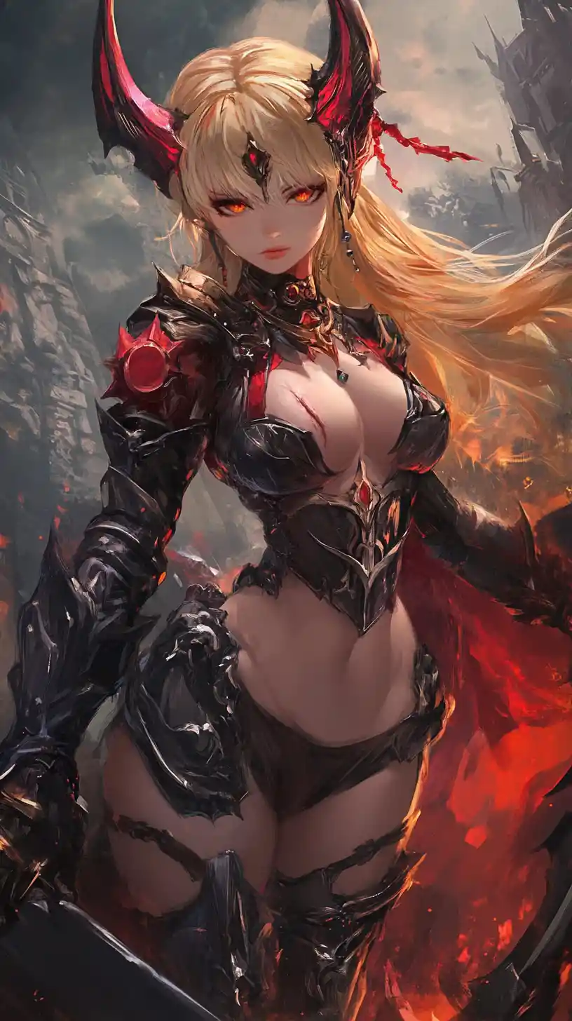 滿身傷疤與刺青的紅色奇幻鎧甲女戰士