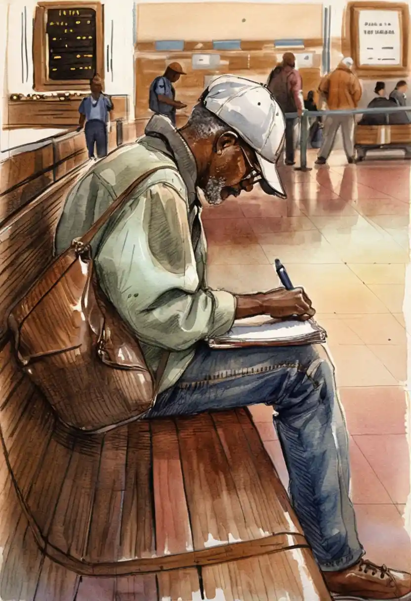Urban sketch of man writing on a bench in station
