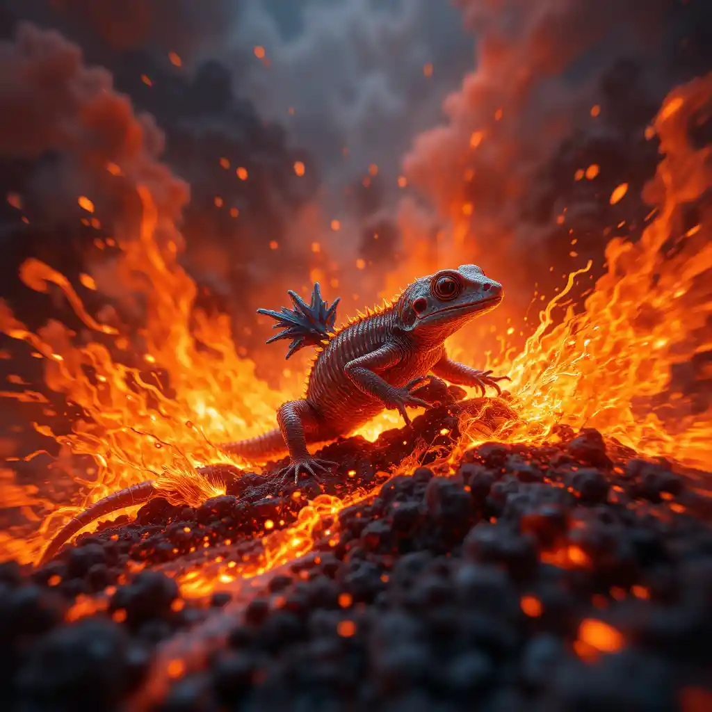 Gecko surrounded by explosive volcanic lava in motion