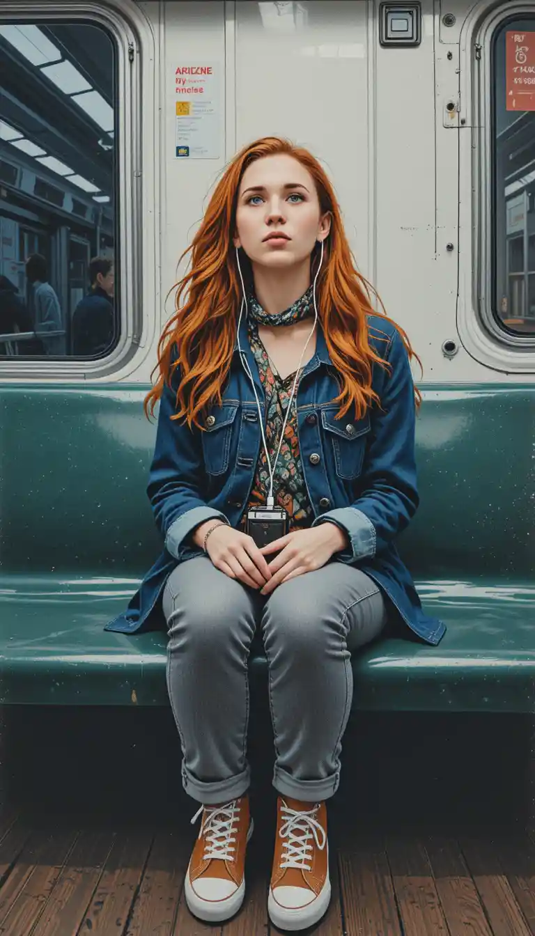 Young woman with copper hair on a New York subway