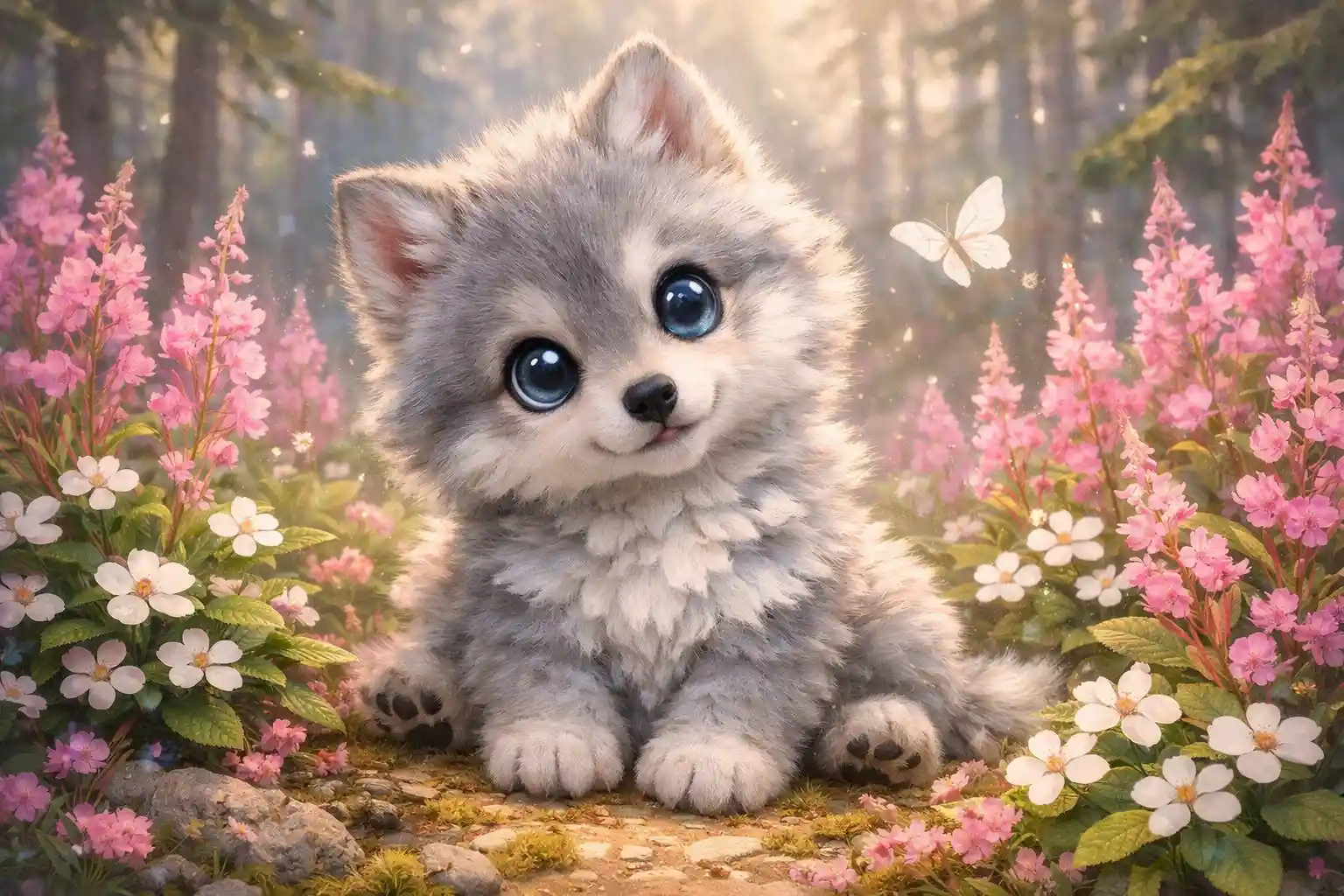 Cute baby wolf watching a moth in forest clearing