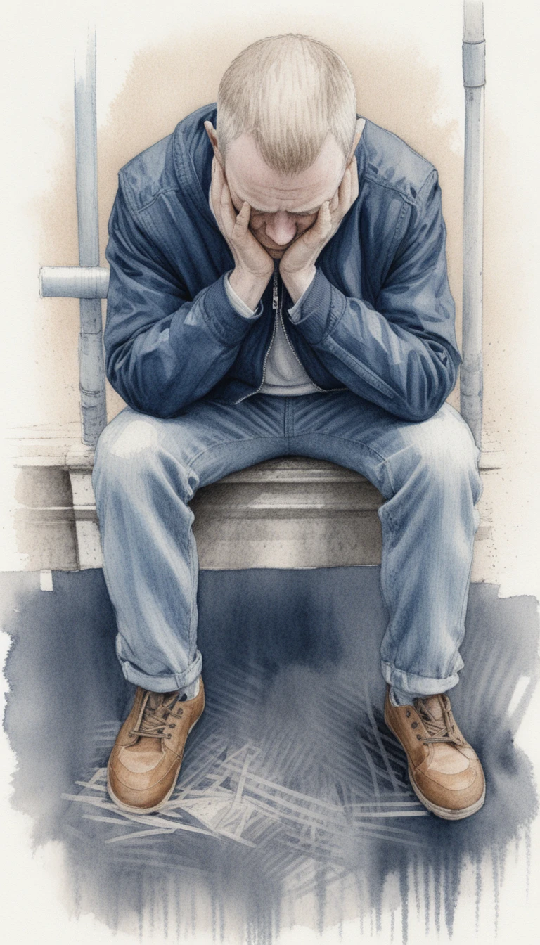 Colored pencil portrait of a man in despair on subway bench
