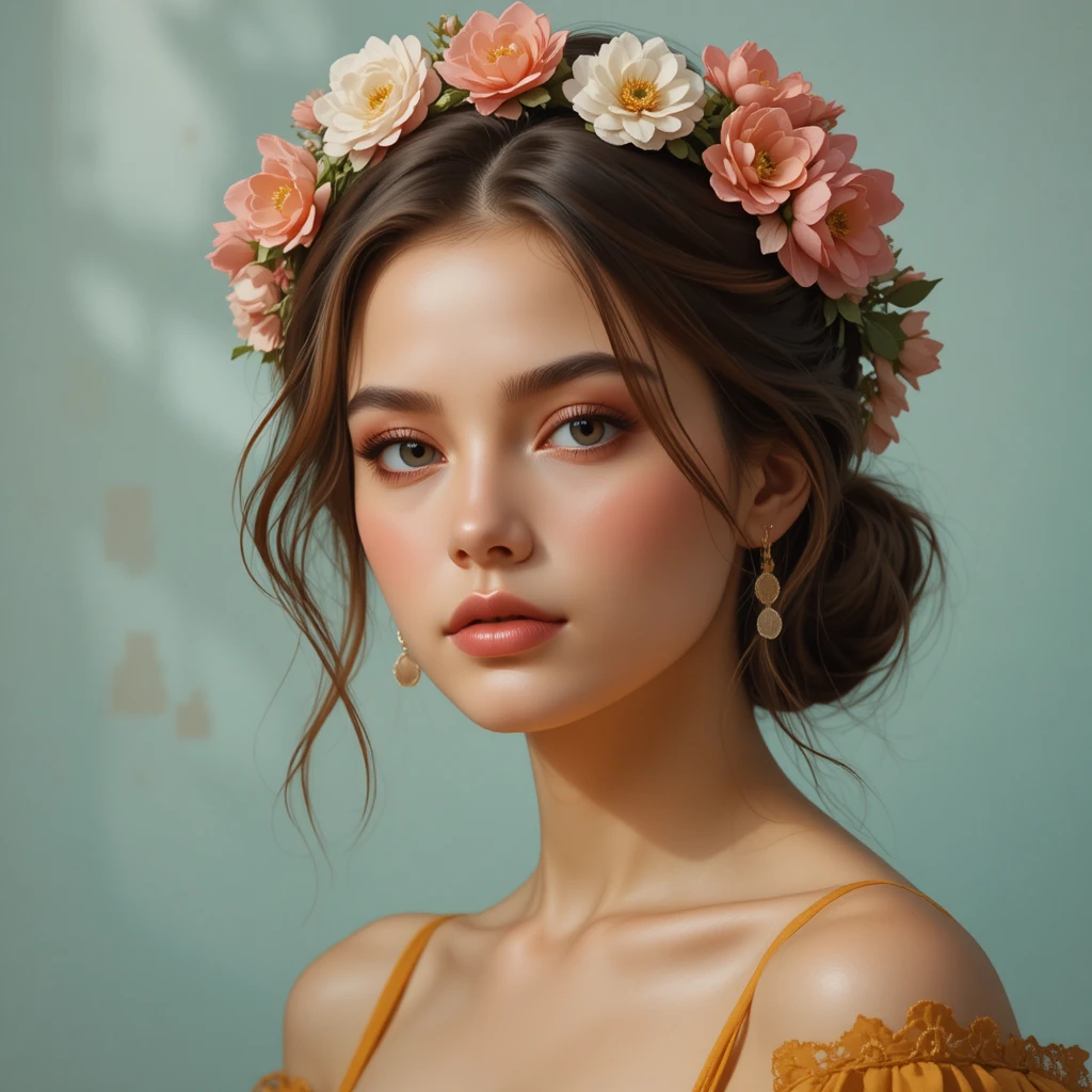 Wistful young woman with floral crown in soft teal portrait