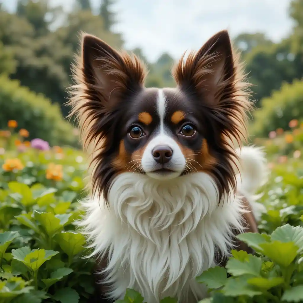 Papillon dog gazing directly in a lush garden