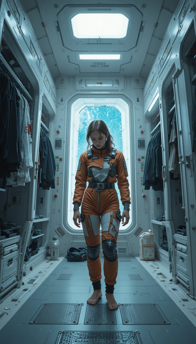 Young space pilot inspecting torn suit in locker room