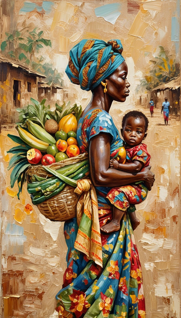 African mother in blue dress carrying fruit and child