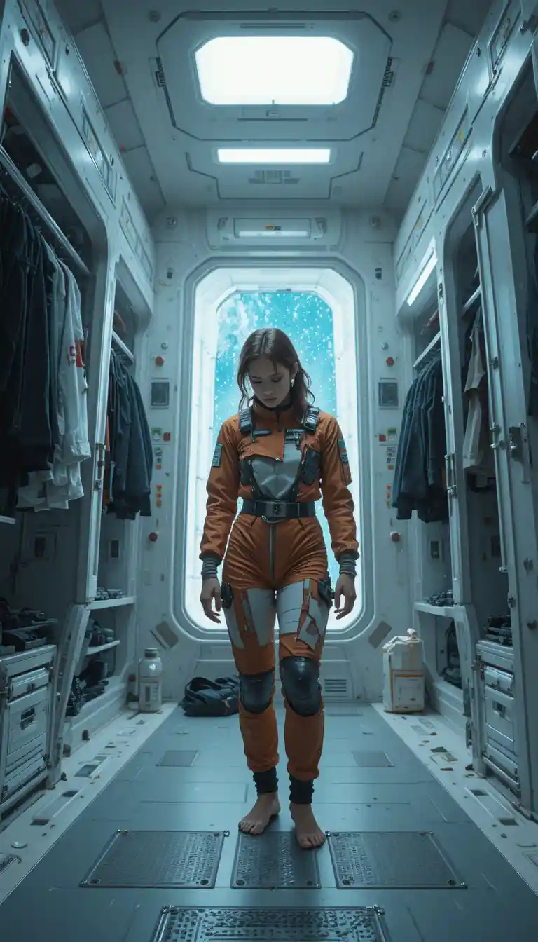 Young space pilot inspecting torn suit in locker room