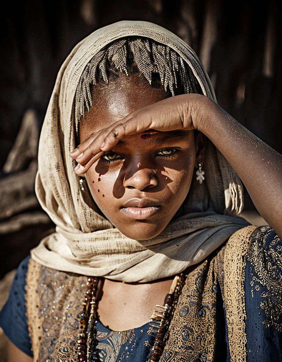 Joven chica africana protegiendo sus ojos de la luz solar intensa