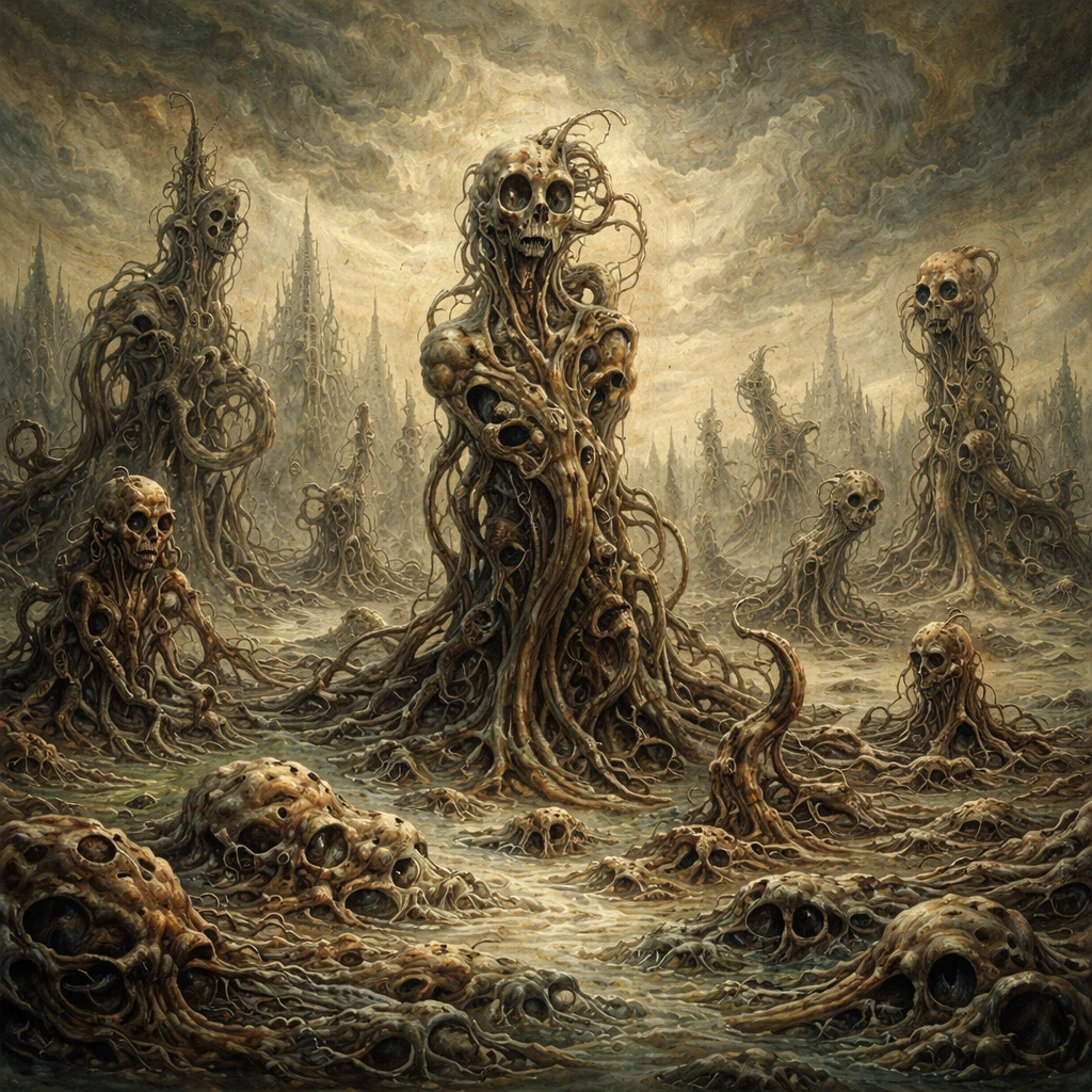 Esseri surreali e contorti che emergono da un paesaggio astratto primordiale