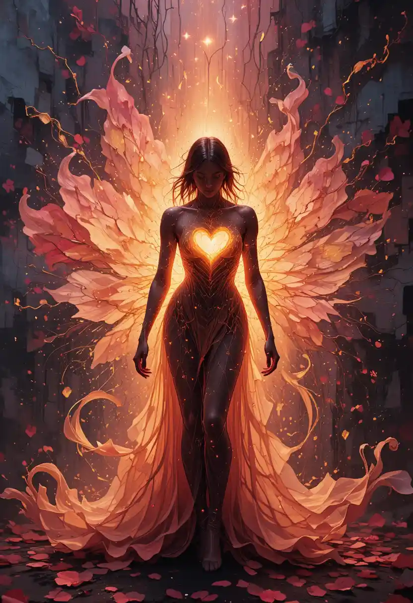 Soft golden rose light blooming like petals around a figure