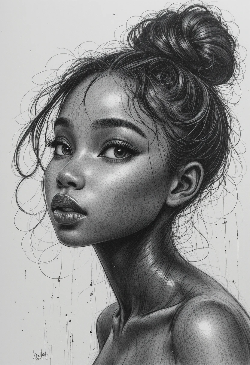 Portrait au graphite d’une jeune fille noire regardant rêveusement vers le ciel