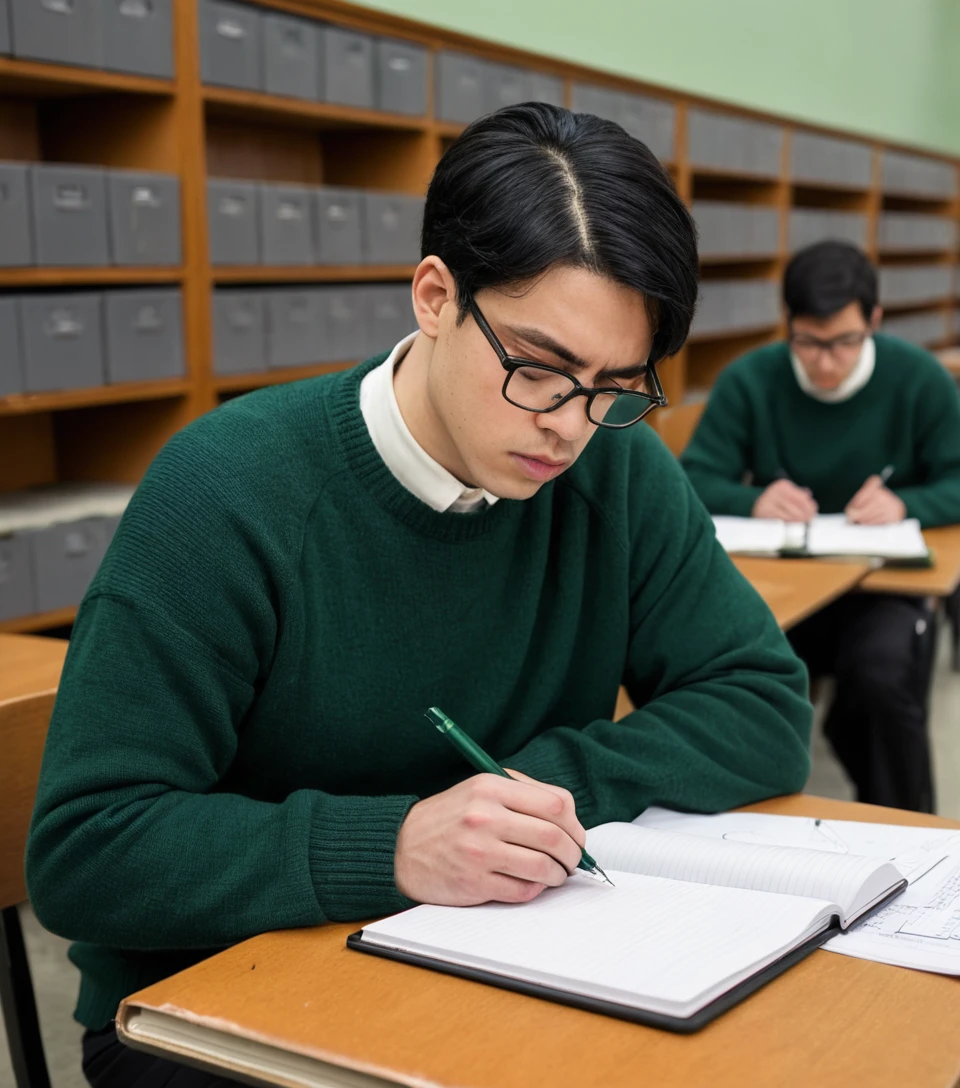 Ernsthafter junger Analyst, der Dokumente in einer verlassenen Bibliothek studiert
