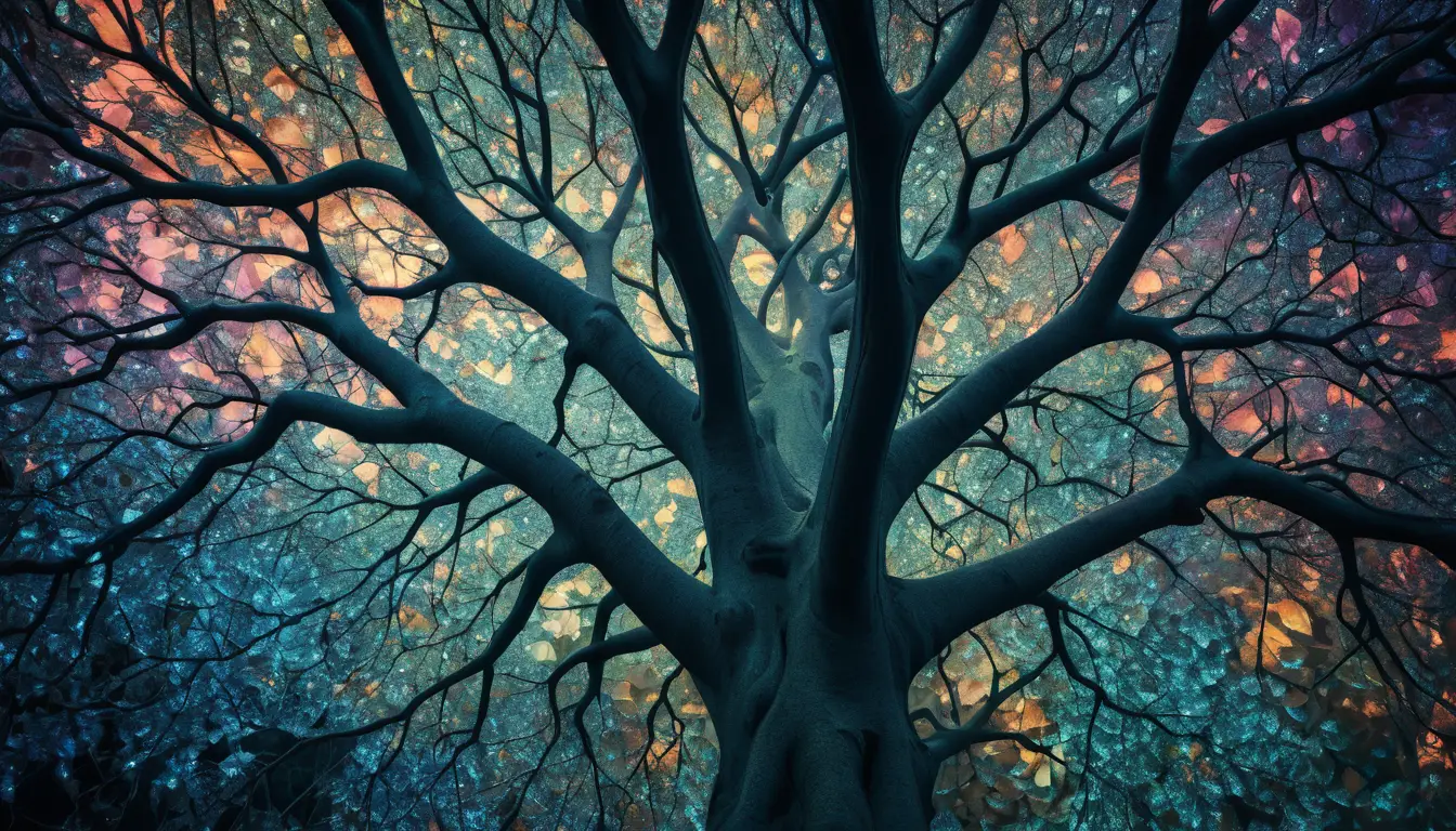 Albero surreale macro con foglie di vetro e folletto nascosto