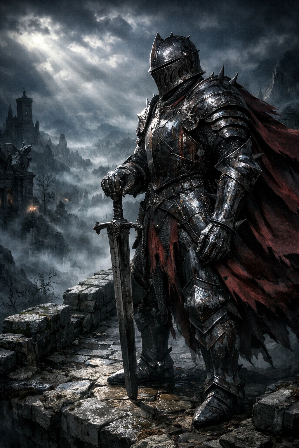Lone armored knight on a ruined bridge above misty valley