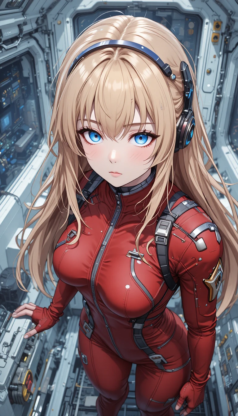 紅色緊身衣的動漫少女在未來感太空船內