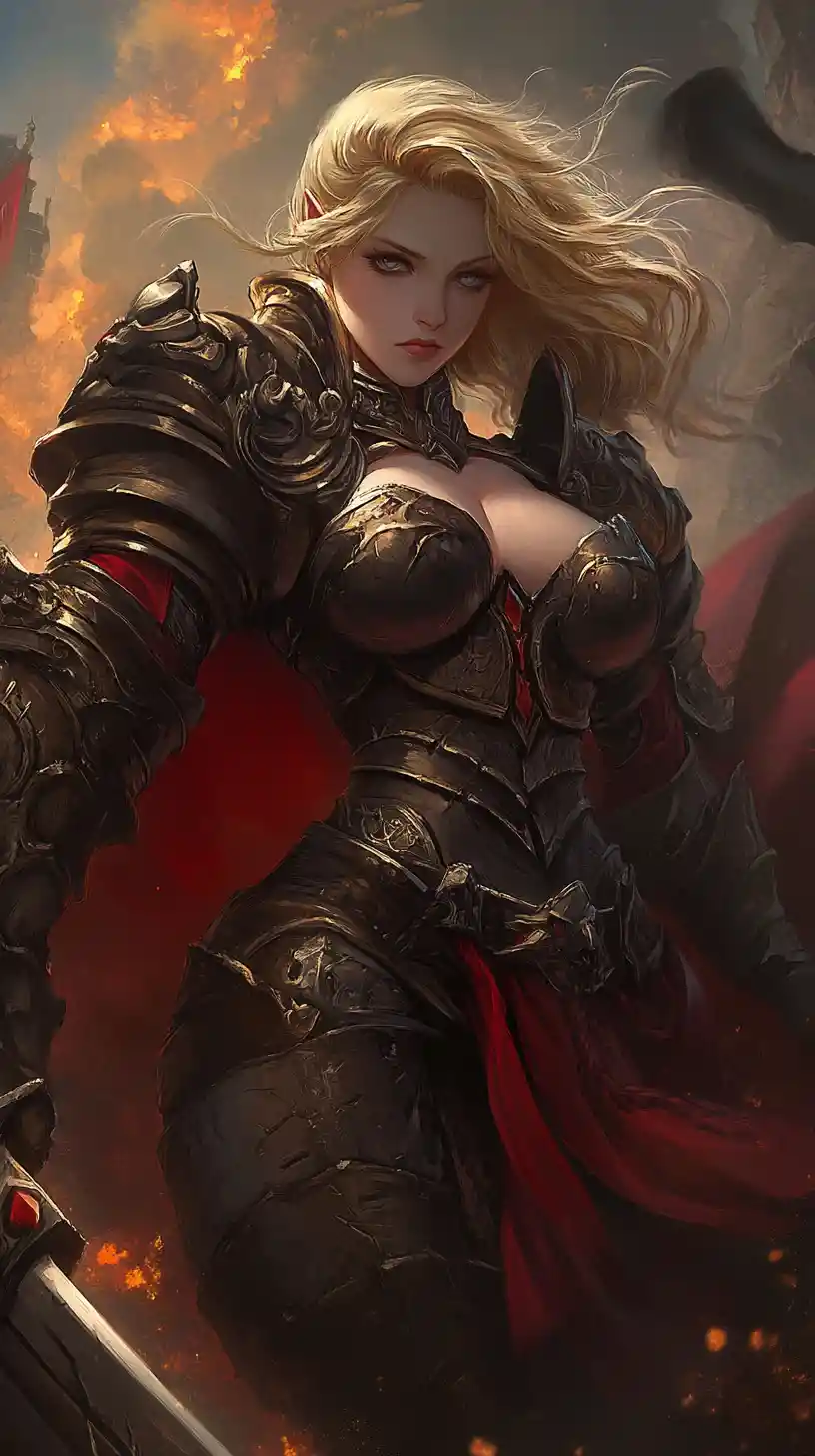 Guerreira de anime com cicatrizes em armadura vermelha – retrato em close