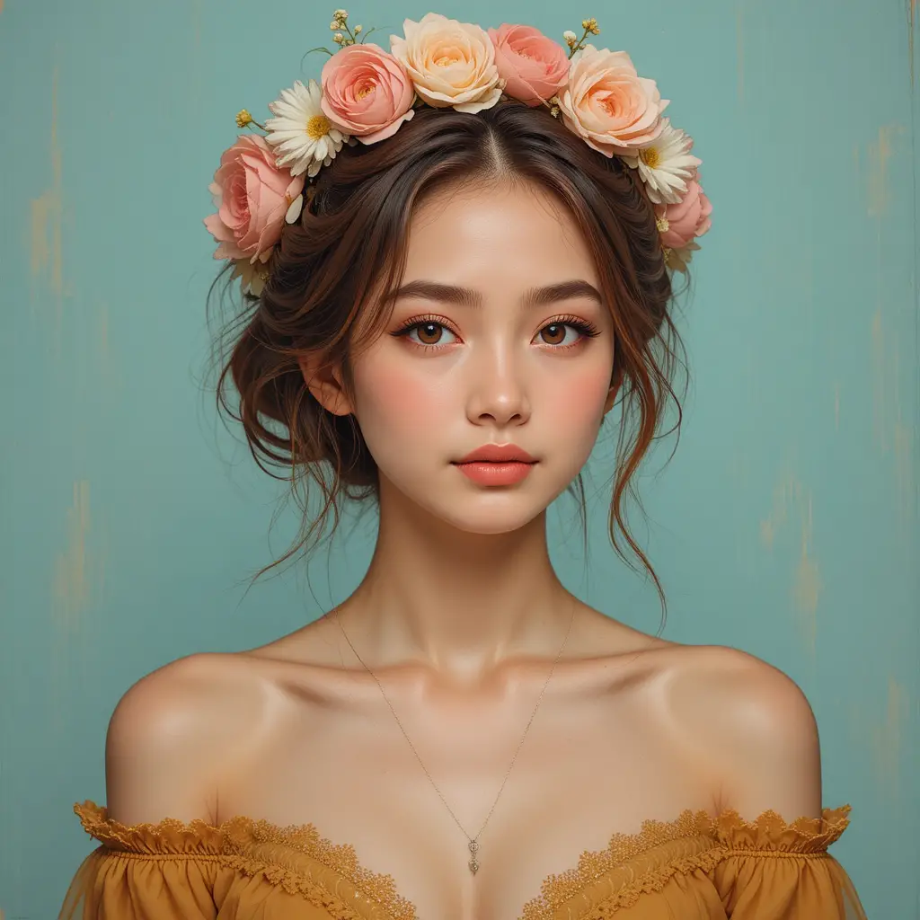 Joven con corona de flores en retrato suave en color teal