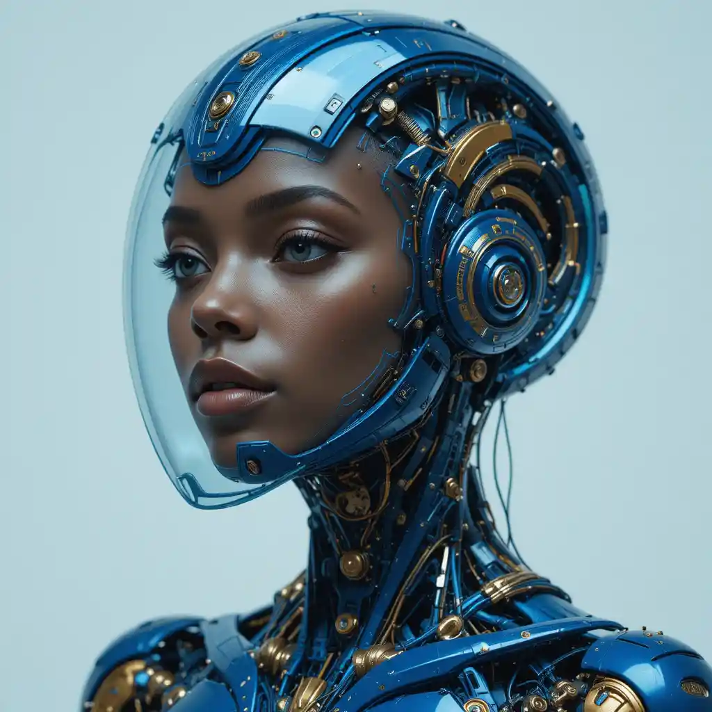 Futuristic female android portrait with transparent blue helmet