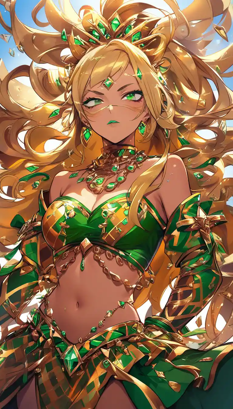 Fierce blonde girl in gold top and belly dancer skirt
