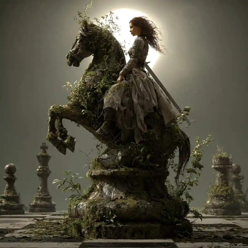 Warrior woman atop mossy stone horse tower at sunset