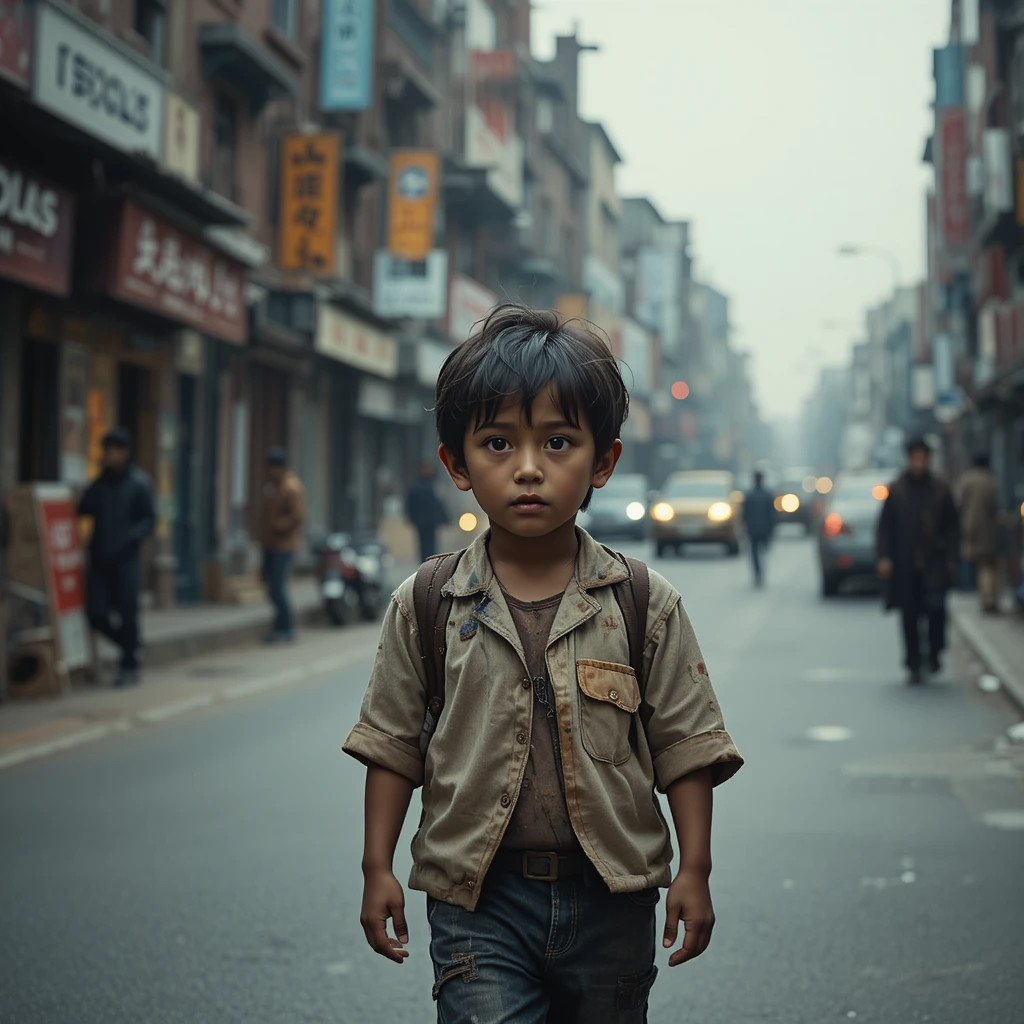 Lonely young boy walking along a dim city street
